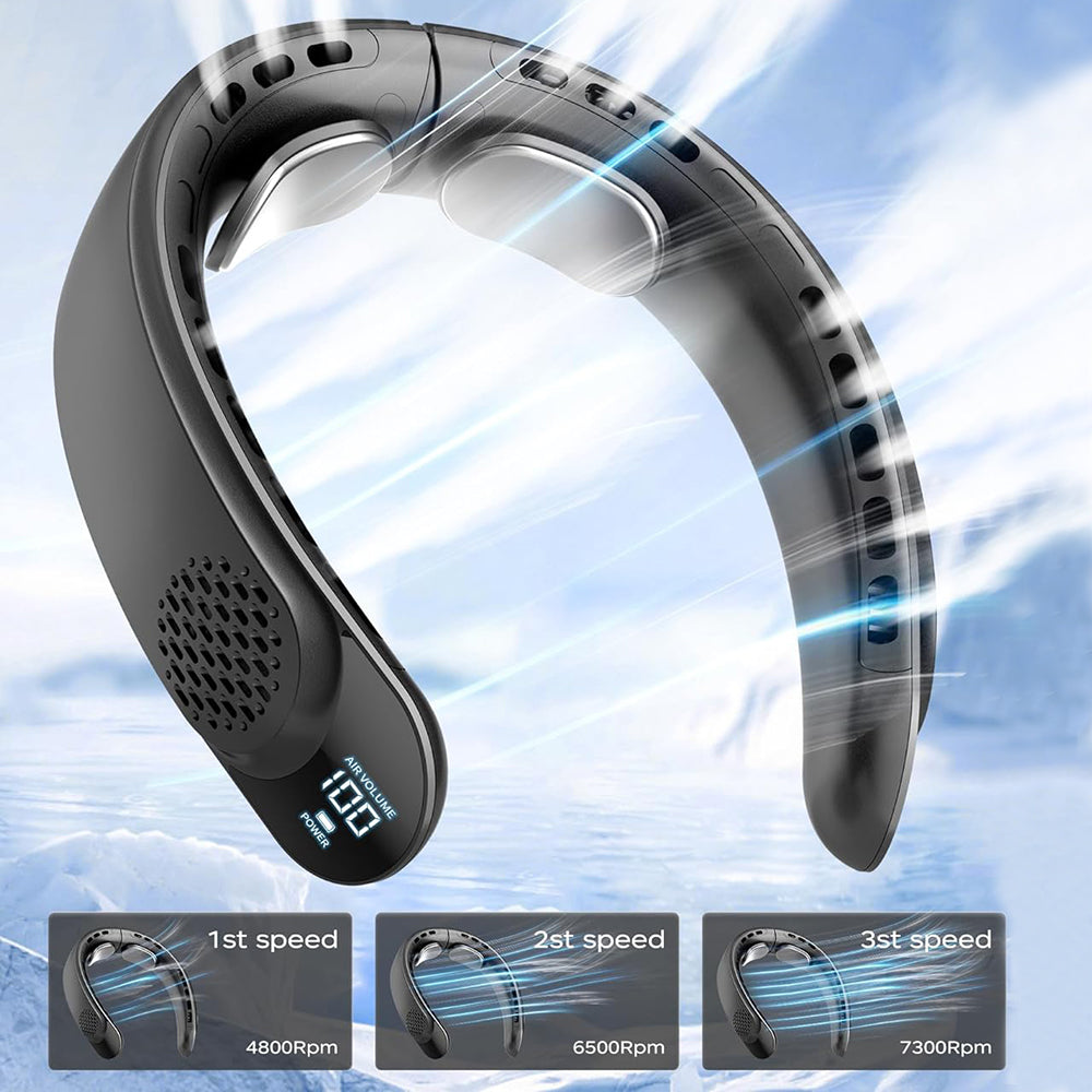 Techsuit - Neck Fan (S8) - Portable, with Digital Display, 3 Wind Speeds, 4000mAh, 7300RPM - Black