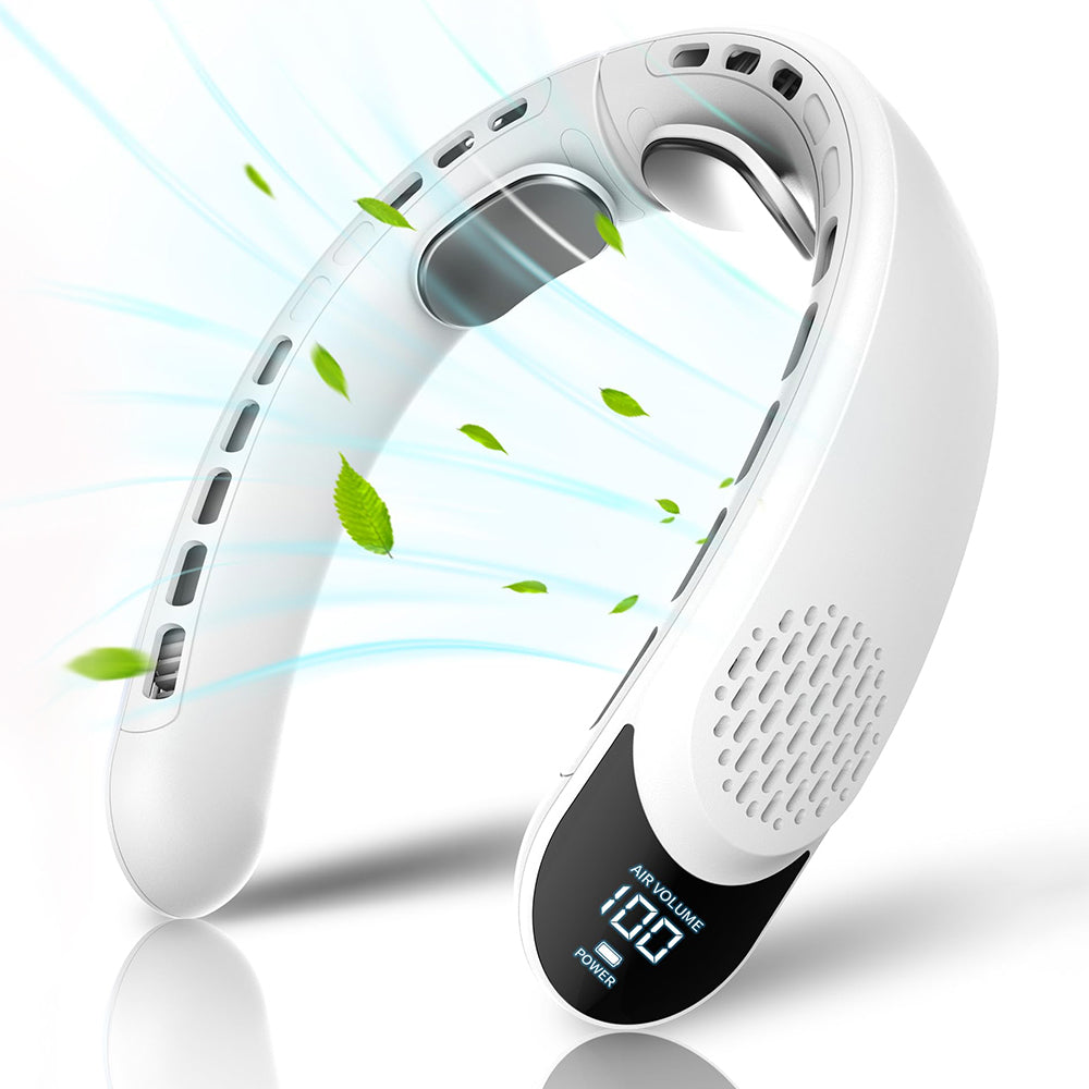 Techsuit - Neck Fan (S8) - Portable, with Digital Display, 3 Wind Speeds, 4000mAh, 7300RPM - White