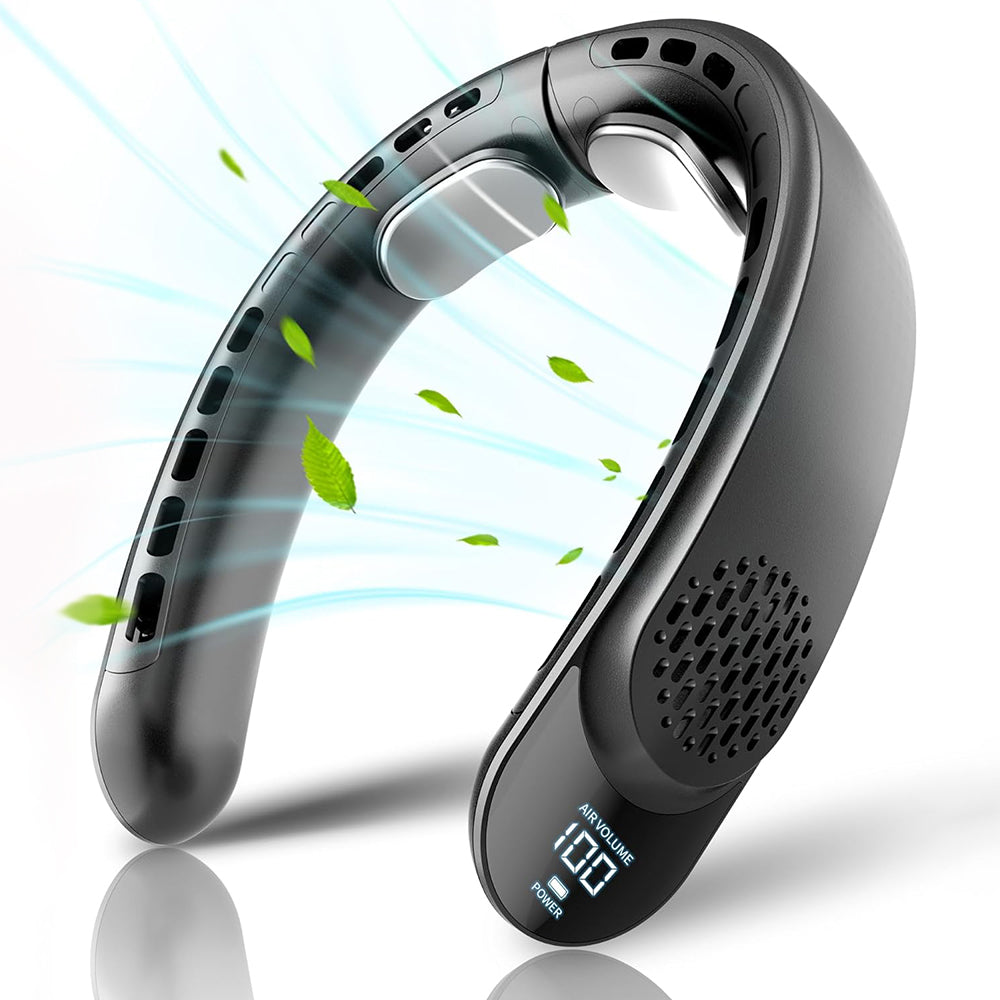 Techsuit - Neck Fan (S8) - Portable, with Digital Display, 3 Wind Speeds, 4000mAh, 7300RPM - Black