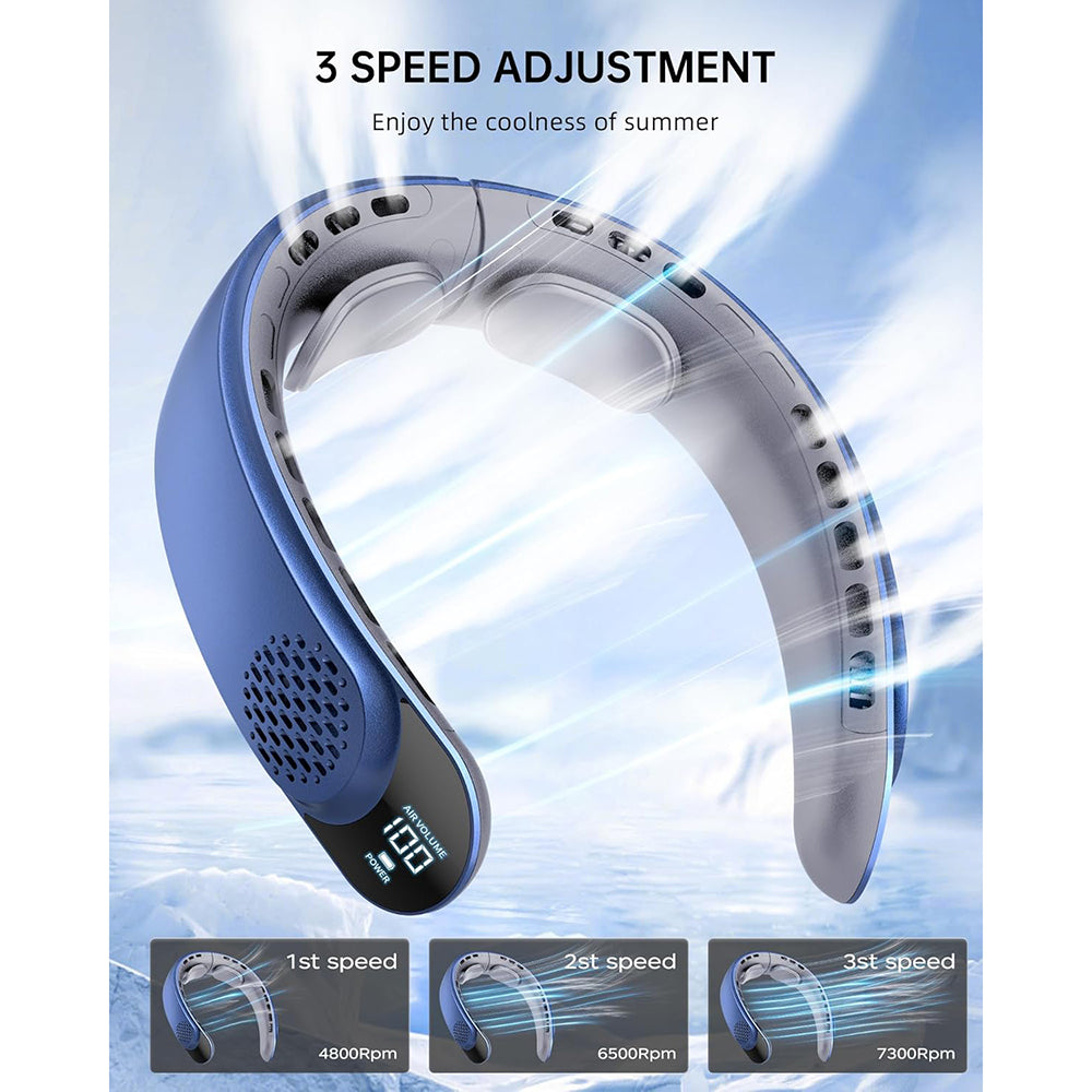 Techsuit - Neck Fan (S8) - Portable, with Digital Display, 3 Wind Speeds, 4000mAh, 7300RPM - Blue