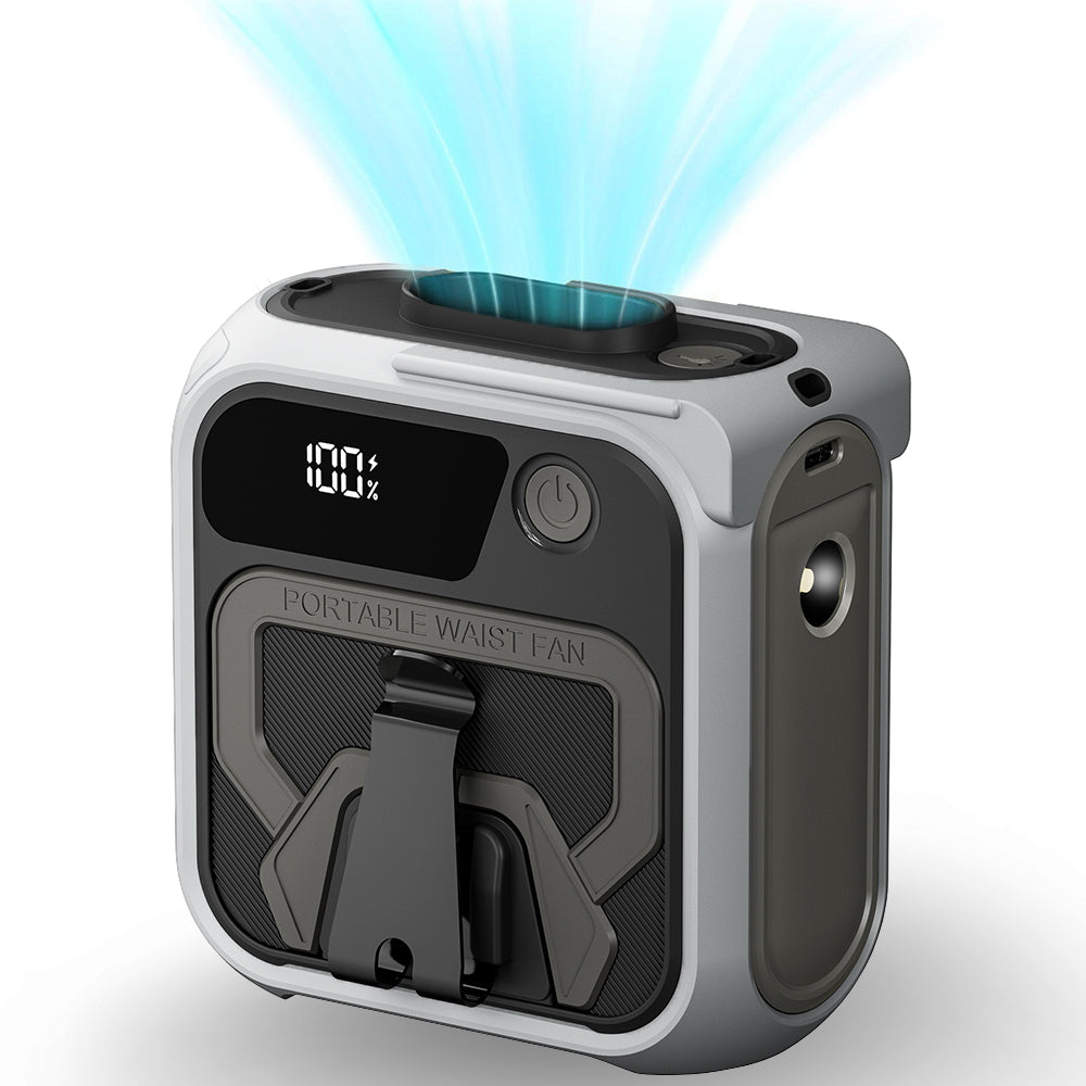 Techsuit - Premium Portable Mini Fan (Z13) - with Power Bank, Rechargeable, 5 Wind Speeds, Belt Buckle, 10000mAh - Gray
