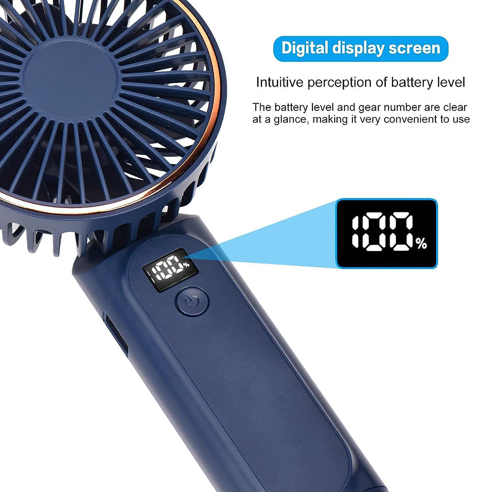 Techsuit - Premium Mini Hand Fan (M12) - with LED Digital Display, USB-C Rechargeable, 6 Wind Speeds, 5000mAh - Blue