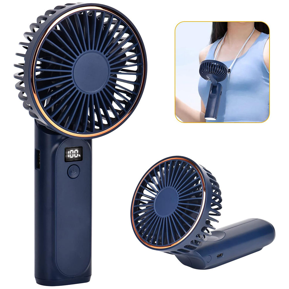 Techsuit - Premium Mini Hand Fan (M12) - with LED Digital Display, USB-C Rechargeable, 6 Wind Speeds, 5000mAh - Blue