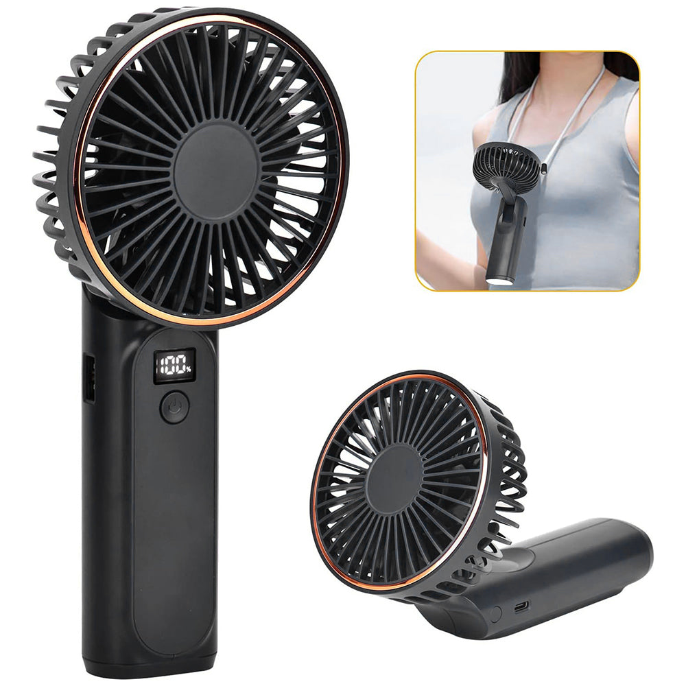 Techsuit - Premium Mini Hand Fan (M12) - with LED Digital Display, USB-C Rechargeable, 6 Wind Speeds, 5000mAh - Black