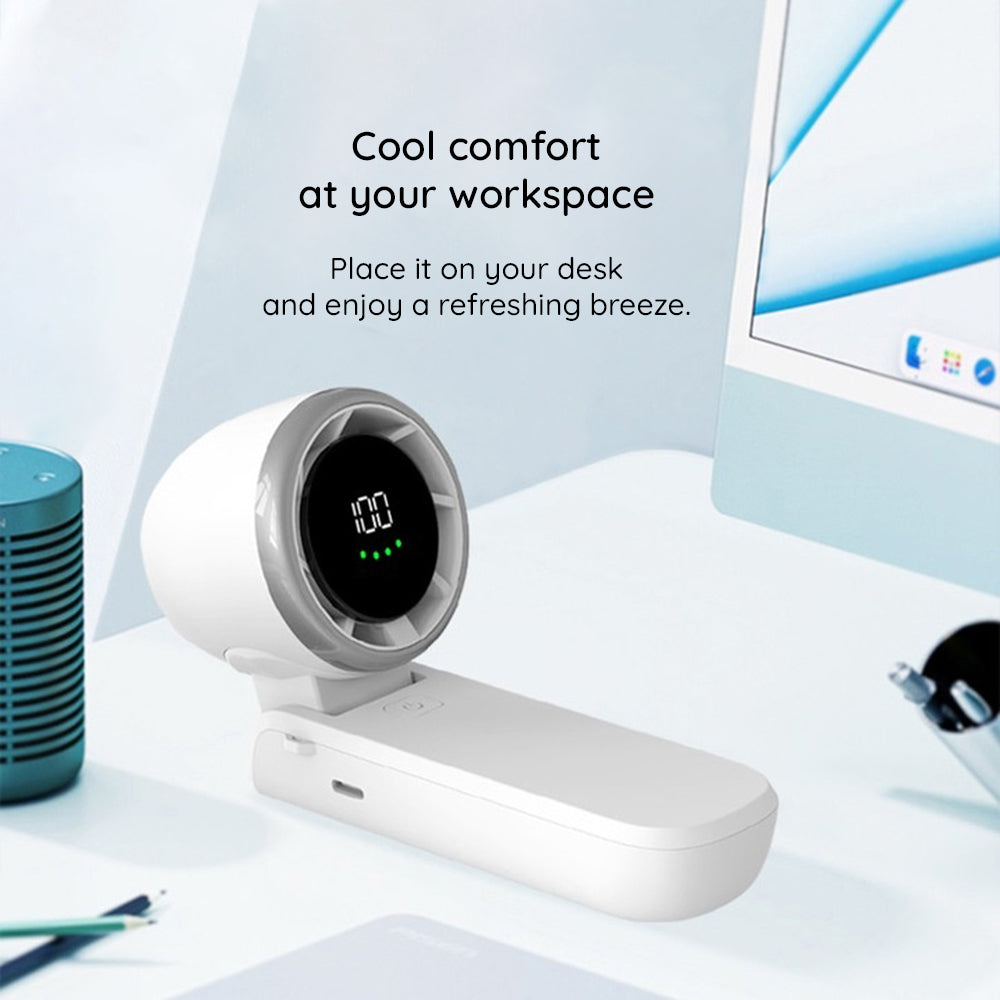 Techsuit - Premium Mini Hand Fan (A9) - with LED Digital Display, USB-C Rechargeable, 5 Wind Speeds, 5000mAh - White