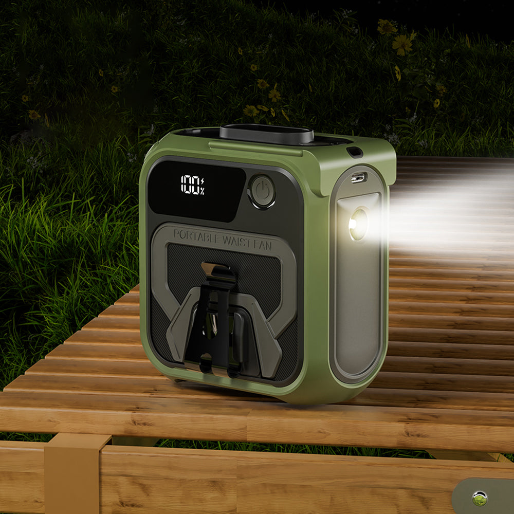 Techsuit - Premium Portable Mini Fan (Z13) - with Power Bank, Rechargeable, 5 Wind Speeds, Belt Buckle, 10000mAh - Green