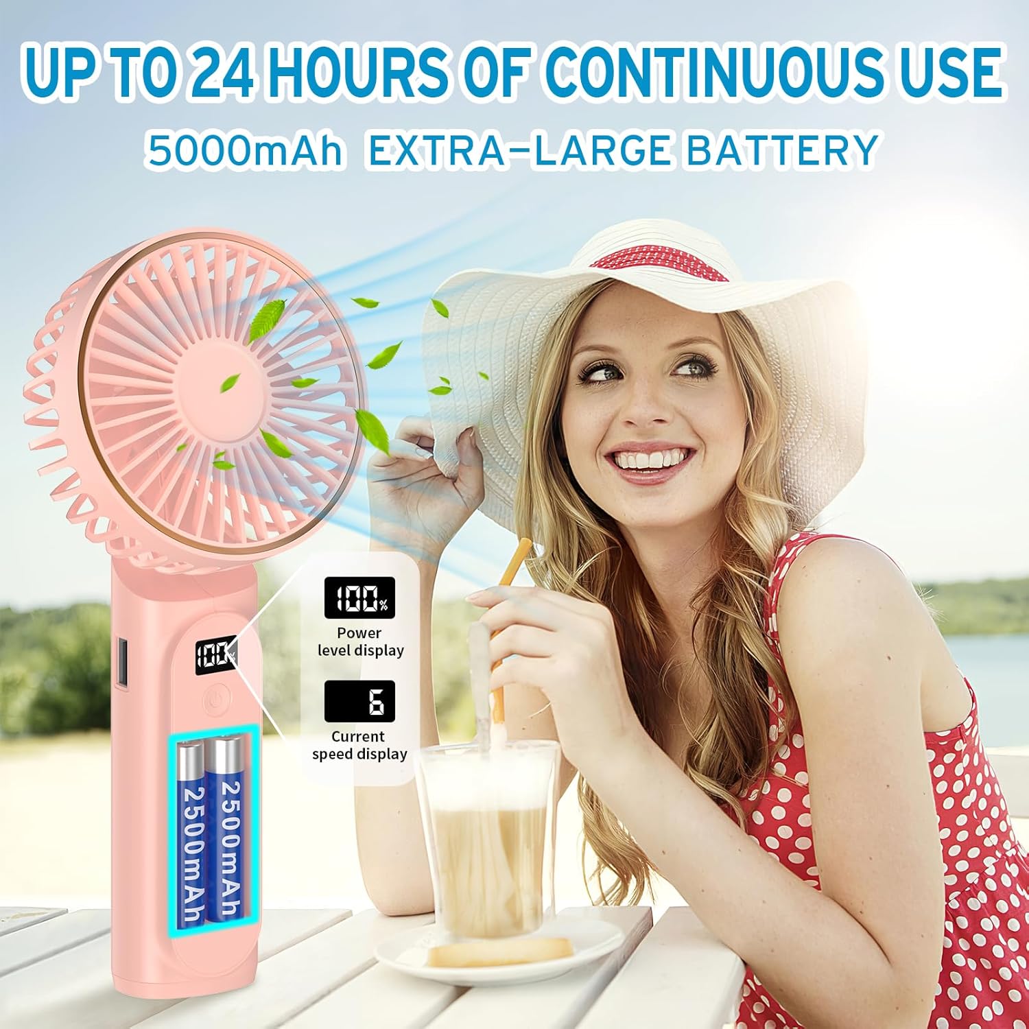 Techsuit - Premium Mini Hand Fan (M12) - with LED Digital Display, USB-C Rechargeable, 6 Wind Speeds, 5000mAh - Pink