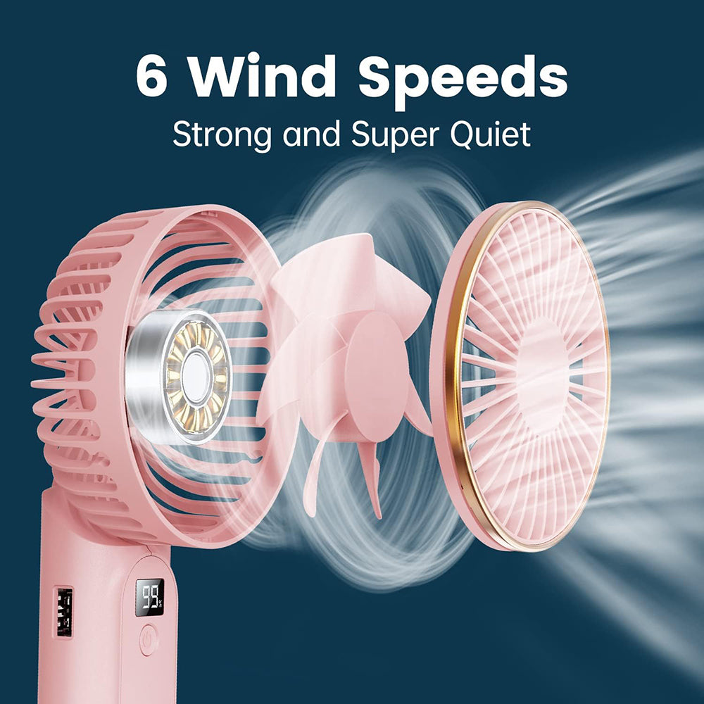 Techsuit - Premium Mini Hand Fan (M12) - with LED Digital Display, USB-C Rechargeable, 6 Wind Speeds, 5000mAh - Pink