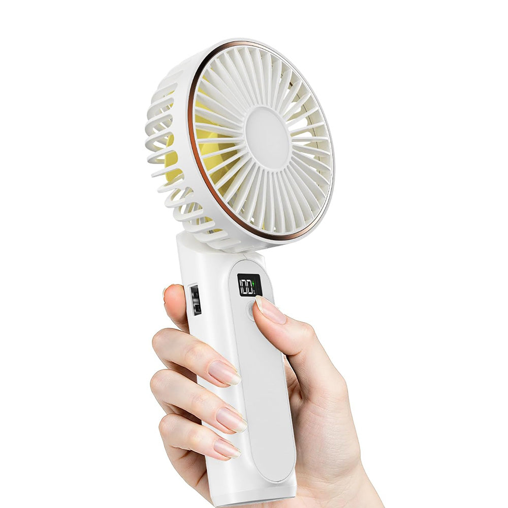 Techsuit - Premium Mini Hand Fan (M12) - with LED Digital Display, USB-C Rechargeable, 6 Wind Speeds, 5000mAh - White