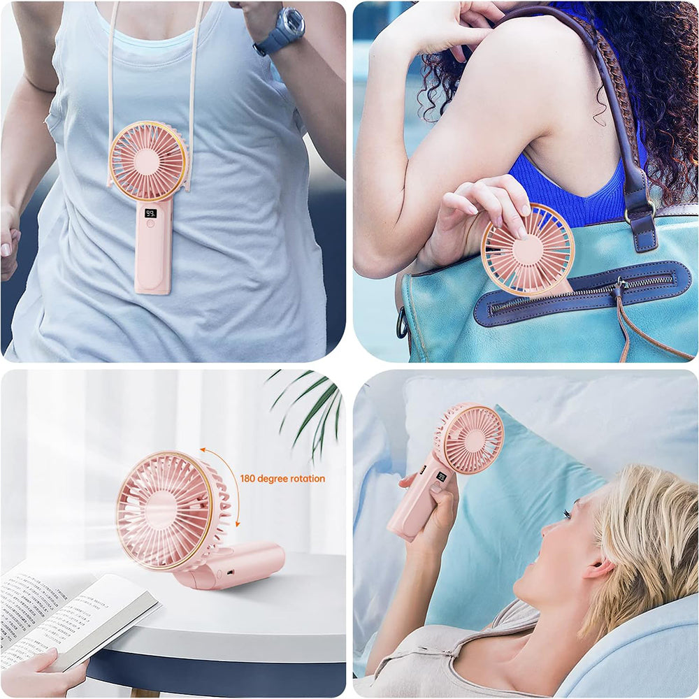 Techsuit - Premium Mini Hand Fan (M12) - with LED Digital Display, USB-C Rechargeable, 6 Wind Speeds, 5000mAh - White