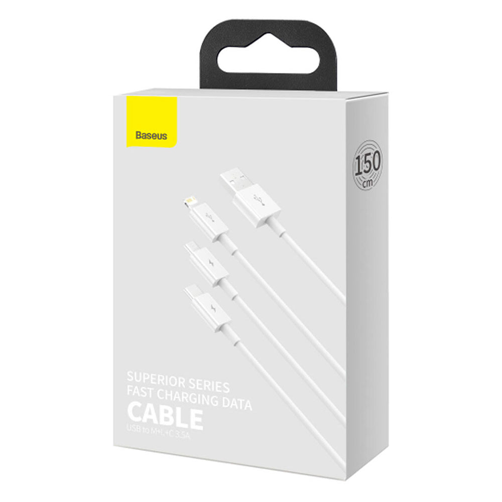 Baseus - Data Cable (P10320105221-01) - USB to Type-C, Lightning, Micro-USB, 3.5A, 0.5m - White