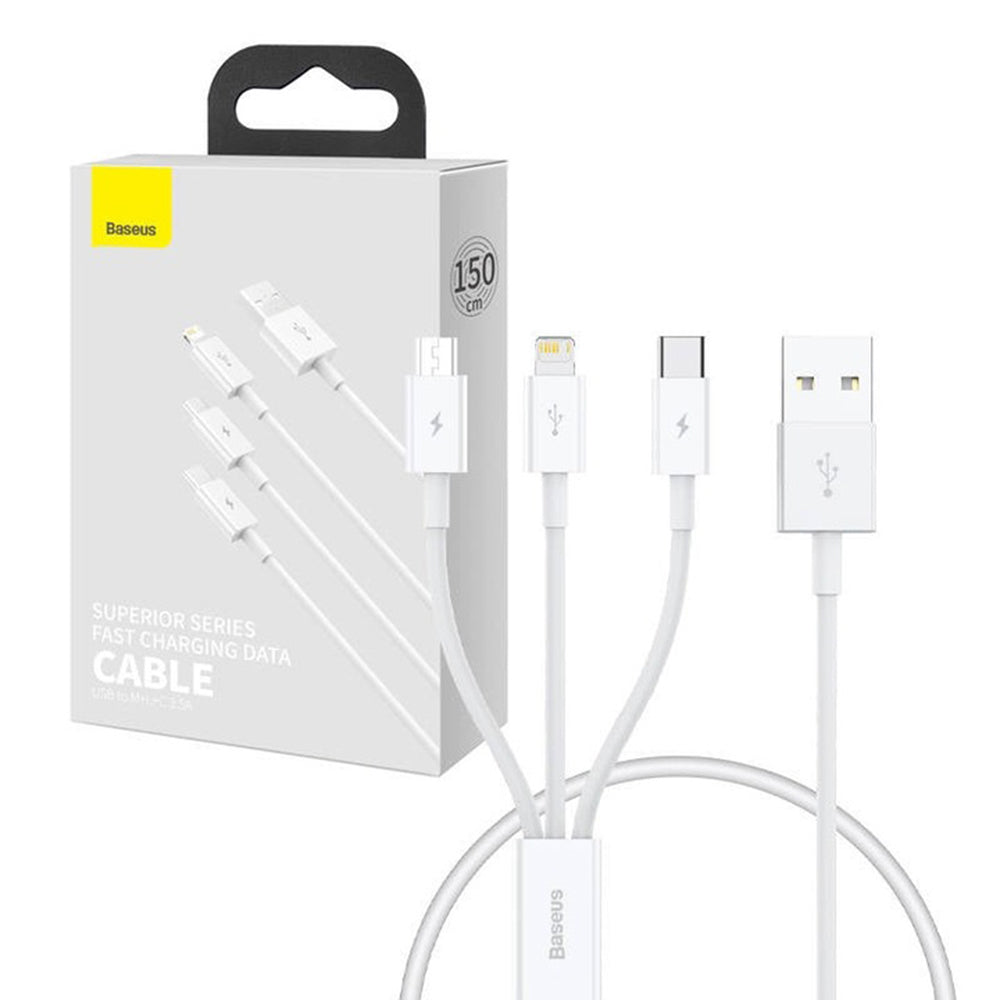 Baseus - Data Cable (P10320105221-01) - USB to Type-C, Lightning, Micro-USB, 3.5A, 0.5m - White