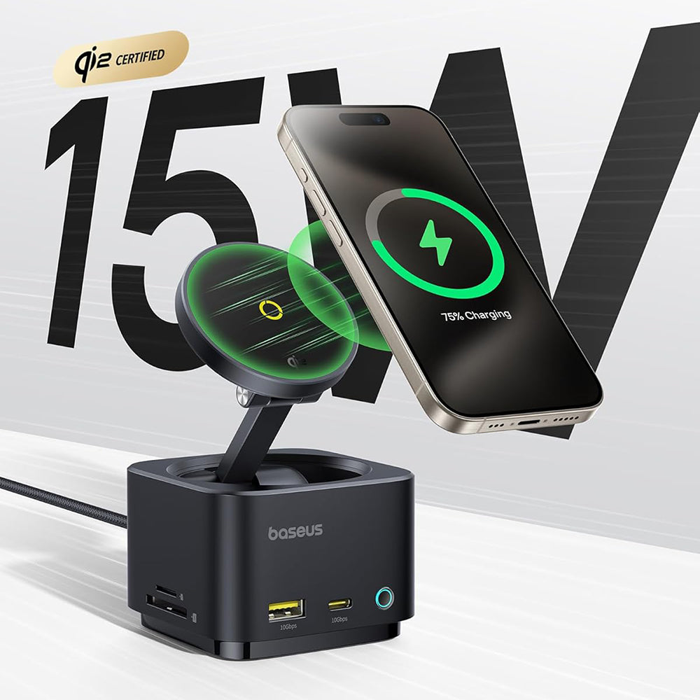 Baseus - Docking Station MagPro Series II (B00072900121-00) - Magnetic, USB, USB-C, HDMI, SD, 100W, 10Gbps, Qi2 15W - Black