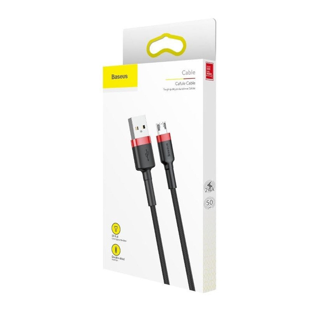 Baseus - Data Cable Cafule (CAMKLF-B91) - USB to Micro-USB, 2.4A, Quick Charge, Nylon Braid, Velcro, 1m - Black / Red