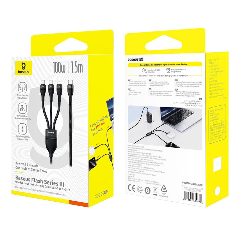 Baseus - Data Cable Flash Series 3 (P10377502111-00) - Fast Charge, USB-C to 2x USB-C, Lightning, 100W, 480Mbps, 1.5m - Black