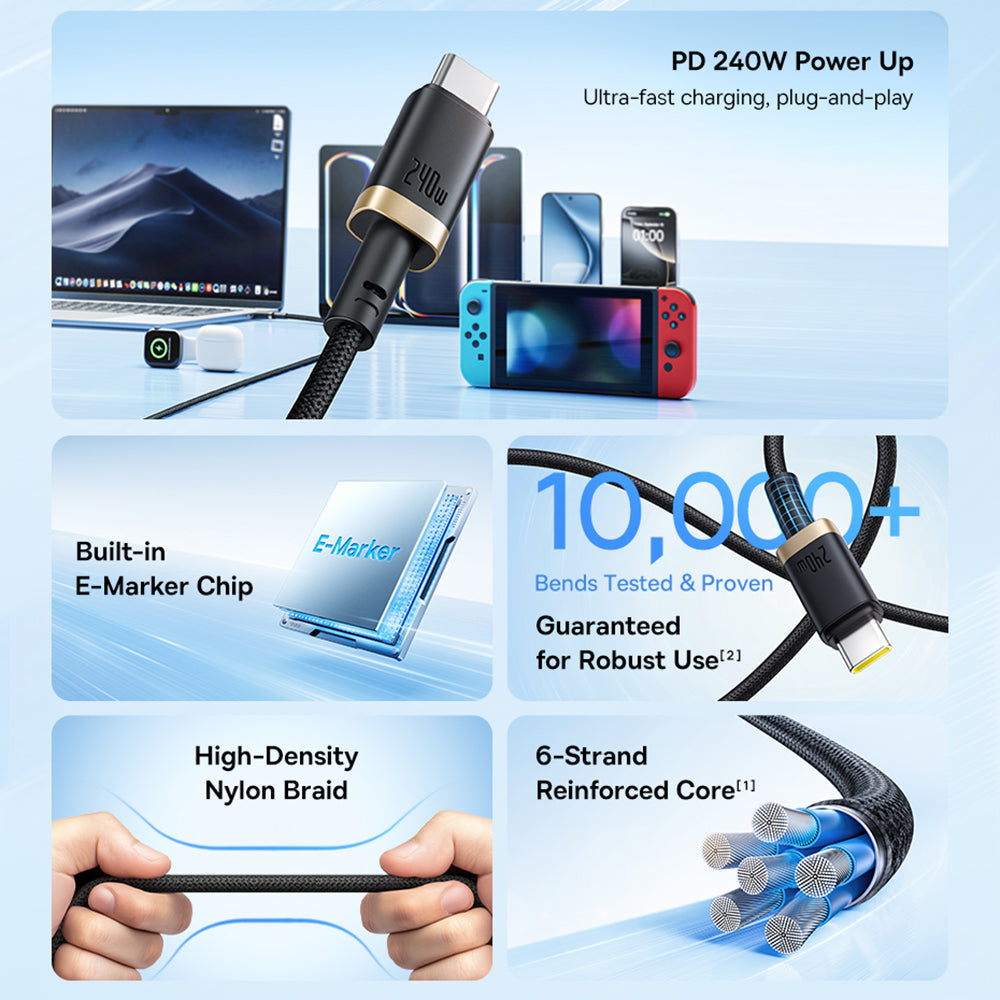 Baseus - Data Cable Dura Series (P10377803U03-01) - for MacBook, Fast Charging, Type-C, PD 240W, 480Mbps, 1m - Red / Black