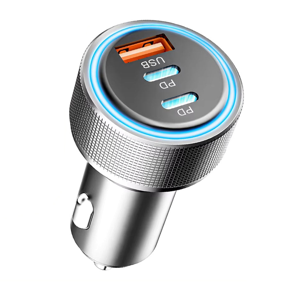 Techsuit - Premium Car Charger DriveBoost (C6) - Fast Charge, LED Light, USB, 2x Type-C 60W, 5V/3A, Aluminium Alloy - Silver
