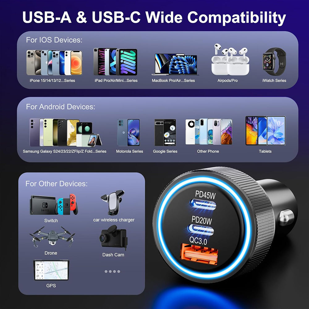 Techsuit - Premium Car Charger DriveBoost (C6) - Fast Charge, LED Light, USB, 2x Type-C 60W, 5V/3A, Aluminium Alloy - Silver