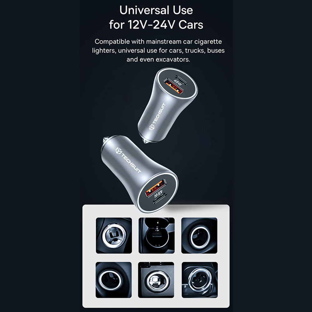 Techsuit - Premium Car Charger RescueVolt (C3) - with Metal Window Breaker, Fast Charge, USB QC18W, USB-C PD30W, 5V/3A - Grey
