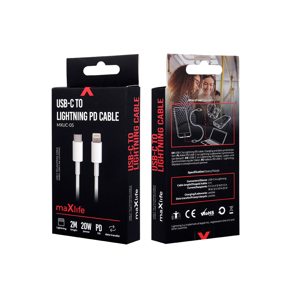 Καλώδιο φόρτισης και μεταφοράς δεδομένων από USB-C σε Lightning Maxlife 2 μέτρων 20W – λευκό
