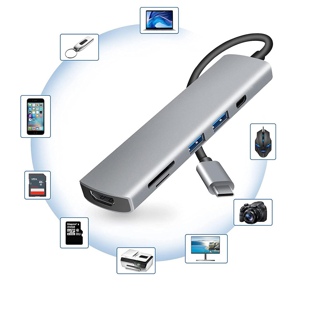 Techsuit - Docking Station TurboChargeX 6 in 1 (H5) - Type-C to 2x USB, Type-C, HDMI, TF/SD Card, PD100W, 4K@30Hz - Gray