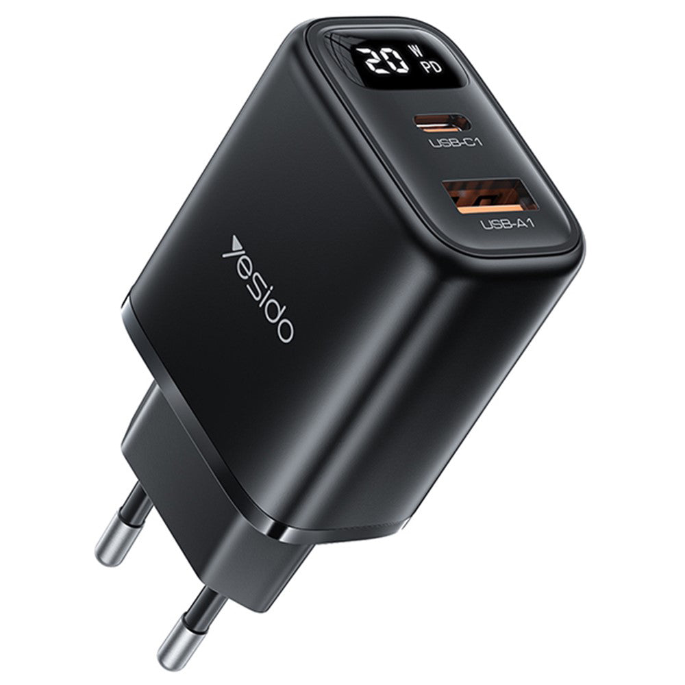 Yesido - Wall Charger (YC68) - with Digital Display, Quick Charge, for Phone, Tablet, USB, Type-C, 20W - Black