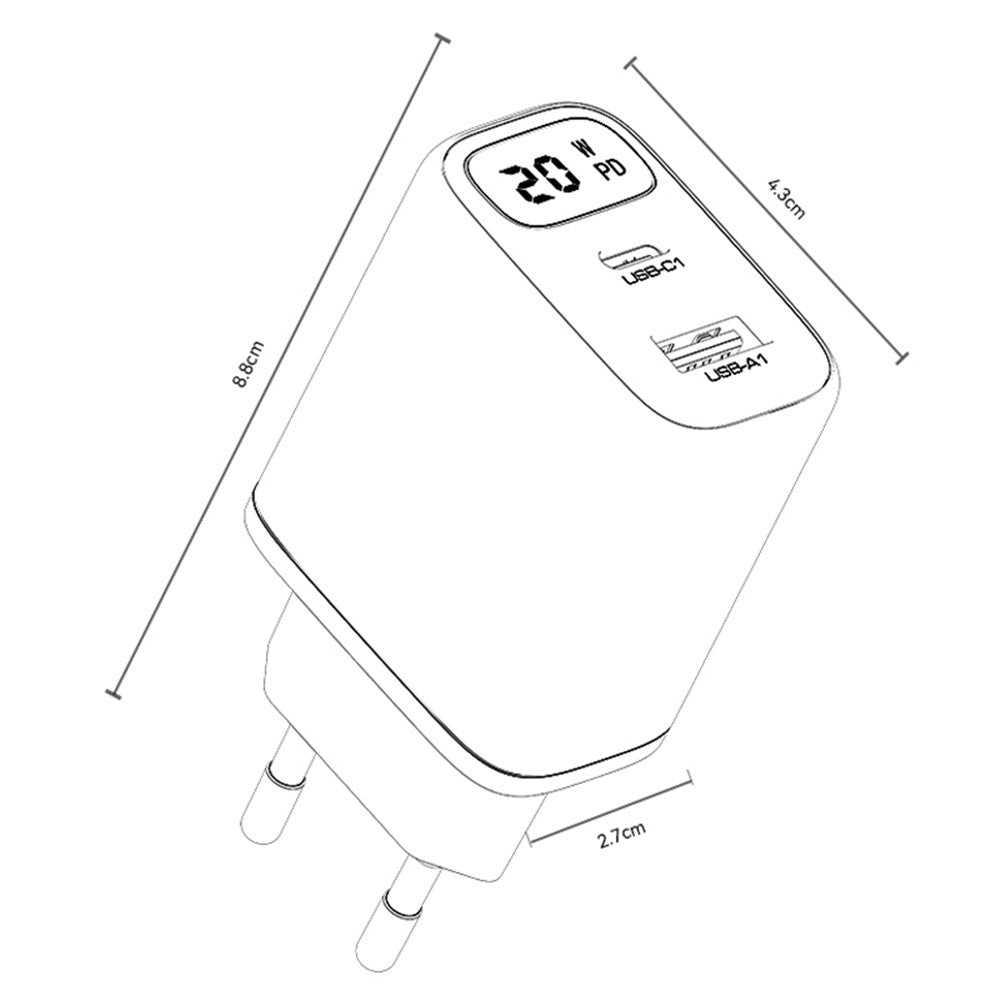 Yesido - Wall Charger (YC68) - with Digital Display, Quick Charge, for Phone, Tablet, USB, Type-C, 20W - Black