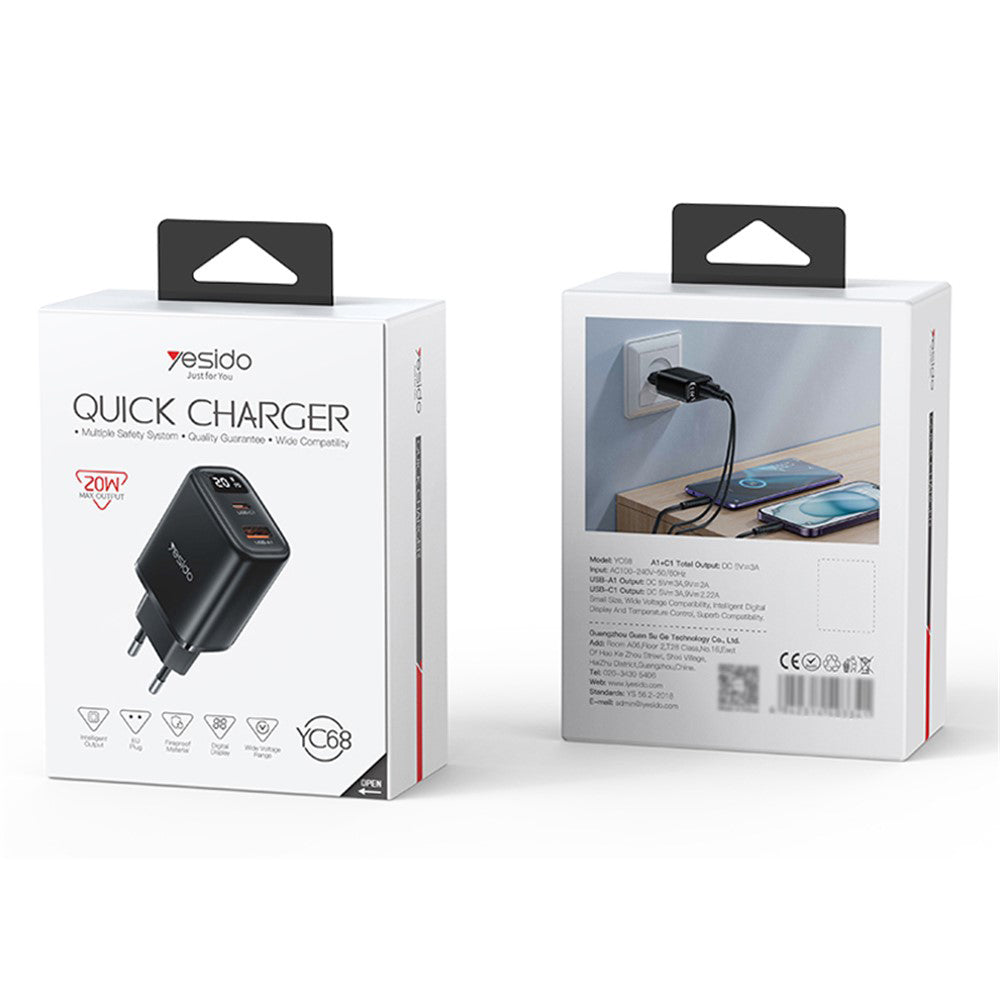Yesido - Wall Charger (YC68) - with Digital Display, Quick Charge, for Phone, Tablet, USB, Type-C, 20W - Black