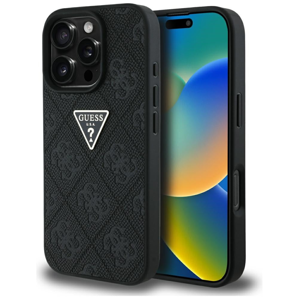 Guess - Leather Hot Stamp 4G Pattern Triangle Metal Logo (GUHCP16XPGP4STRK) - iPhone 16 Pro Max - Black