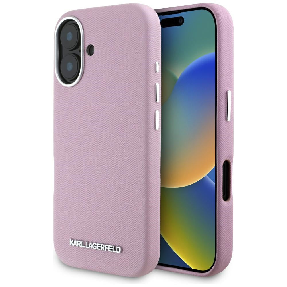 Karl Lagerfeld - Saffiano Full Wrapped Elongated Metal Logo MagSafe (KLHMP16SPSAFWMCP) - iPhone 16 - Pink