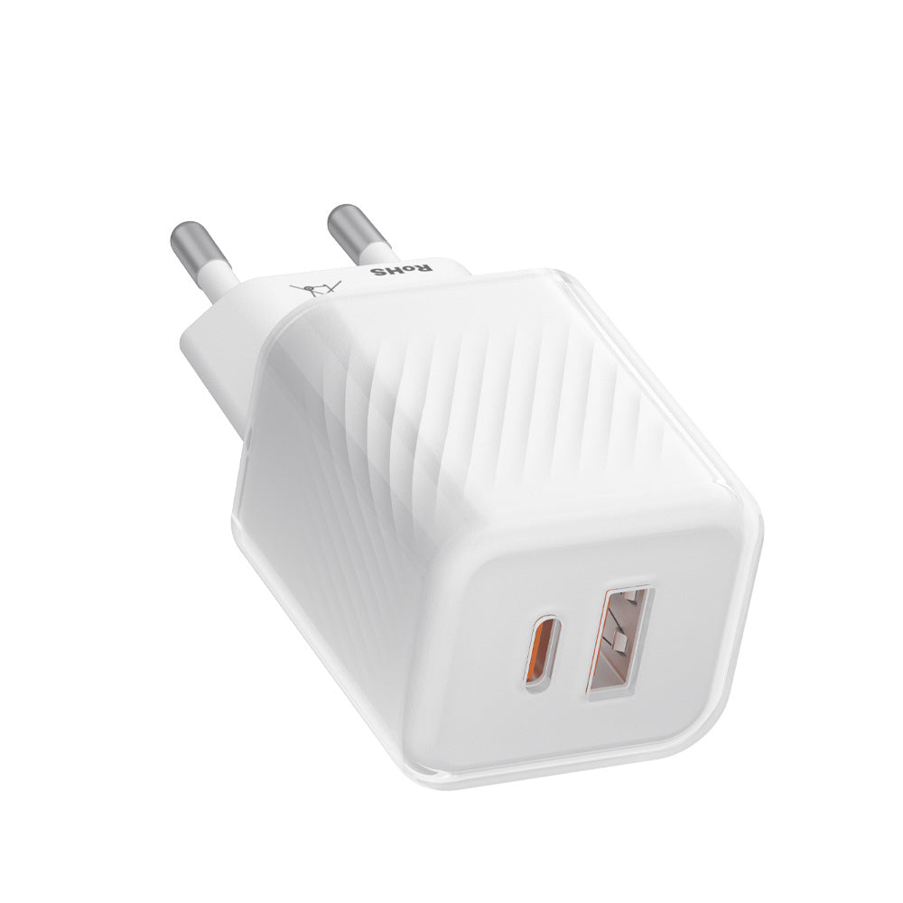 Blueo - Wall Charger Dual Port - 1x USB, 1x Type-C, GaN Technology, Fast Charge, Elegant Finish, PD3.0, 35W - White