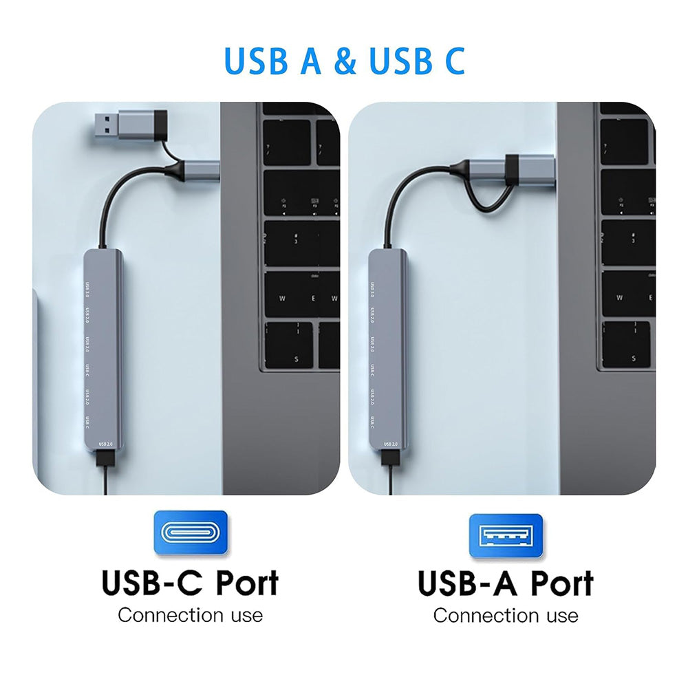 Techsuit - Docking Station DataBridge 7 in 1 (H6) - USB, Type-C to USB 3.0, 4x USB 2.0, 2x Type-C - Gray