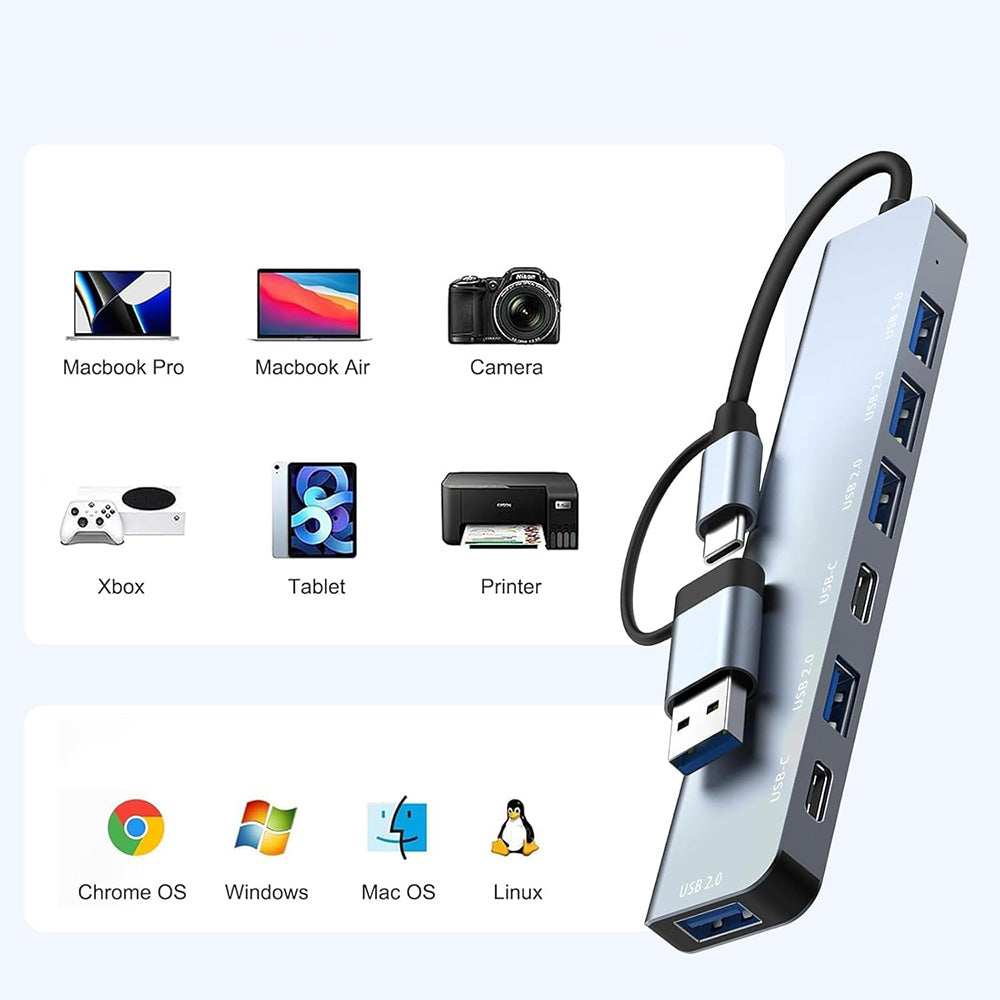 Techsuit - Docking Station DataBridge 7 in 1 (H6) - USB, Type-C to USB 3.0, 4x USB 2.0, 2x Type-C - Gray