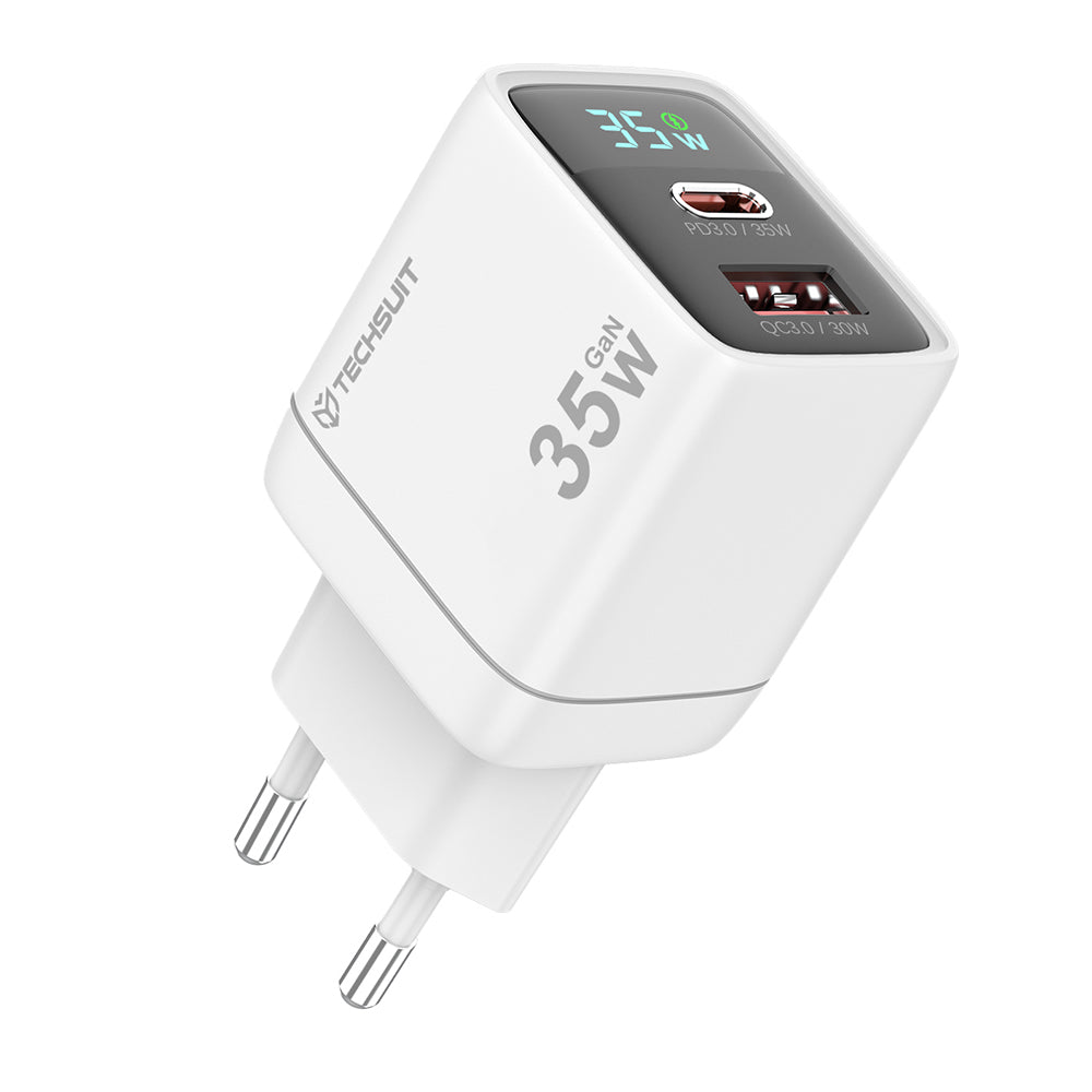 Techsuit - Wall Charger LEDChargX (CH3) - Type-C, USB, GaN Technology, Fast Charge, LED Display, PD35W - White