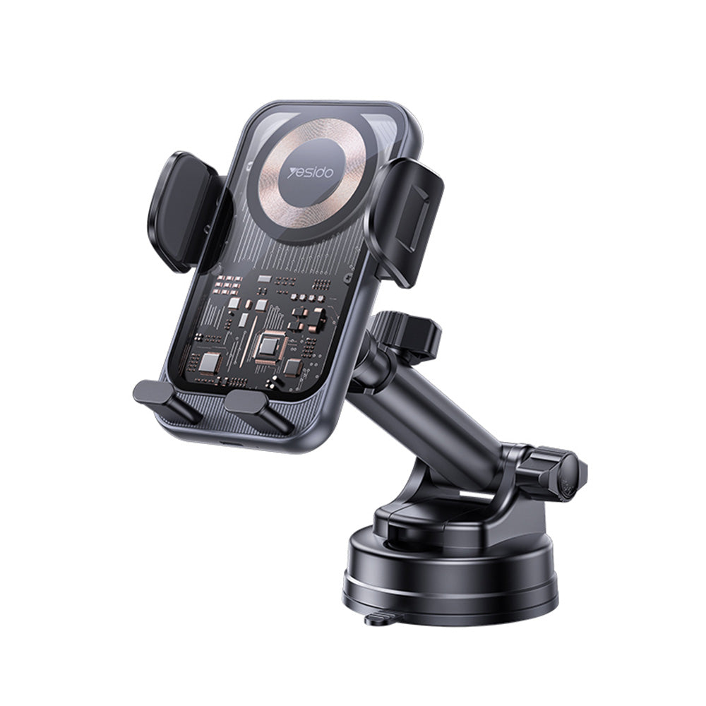 Yesido - Car Holder with Wireless Charging (C307) - for Dasboard, Electric Lock, Transparent Design, Smart Chip, 15W - Black
