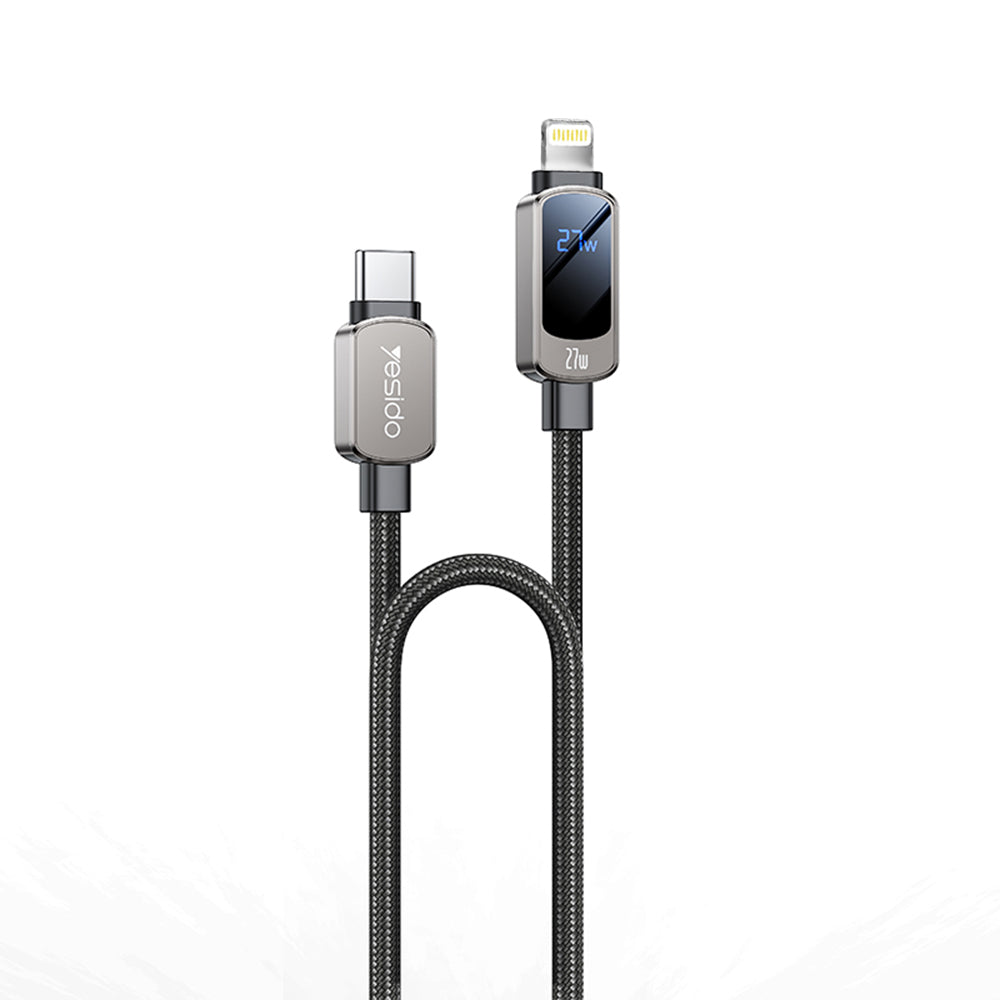 Yesido - Data Cable (CA180) - Super Fast Charging, with Digital Display, Type-C to Type-C, 27W, 3A, 480Mbps, 1.2m - Black