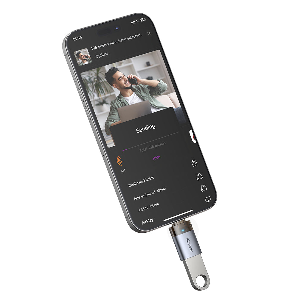 Mcdodo - OTG Adapter (OT-7390) - USB to Lightning, Aluminium Alloy, Charging&Data Sync, with Indicator Light, Lanyard - Black