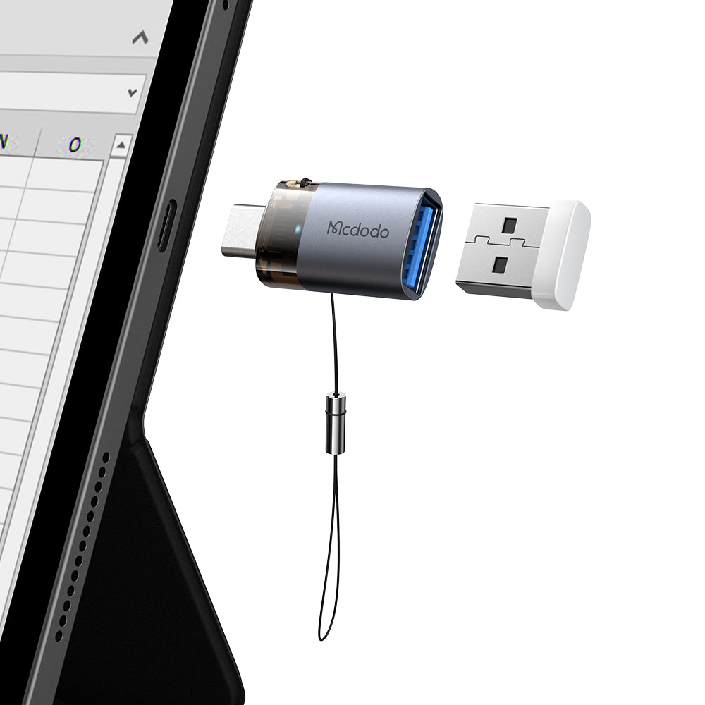 Mcdodo - OTG Adapter (OT-7400) - USB3.0 to Type-C, Aluminium Alloy, Charging & Data Sync, 5Gbps, Blue Light, Lanyard - Black