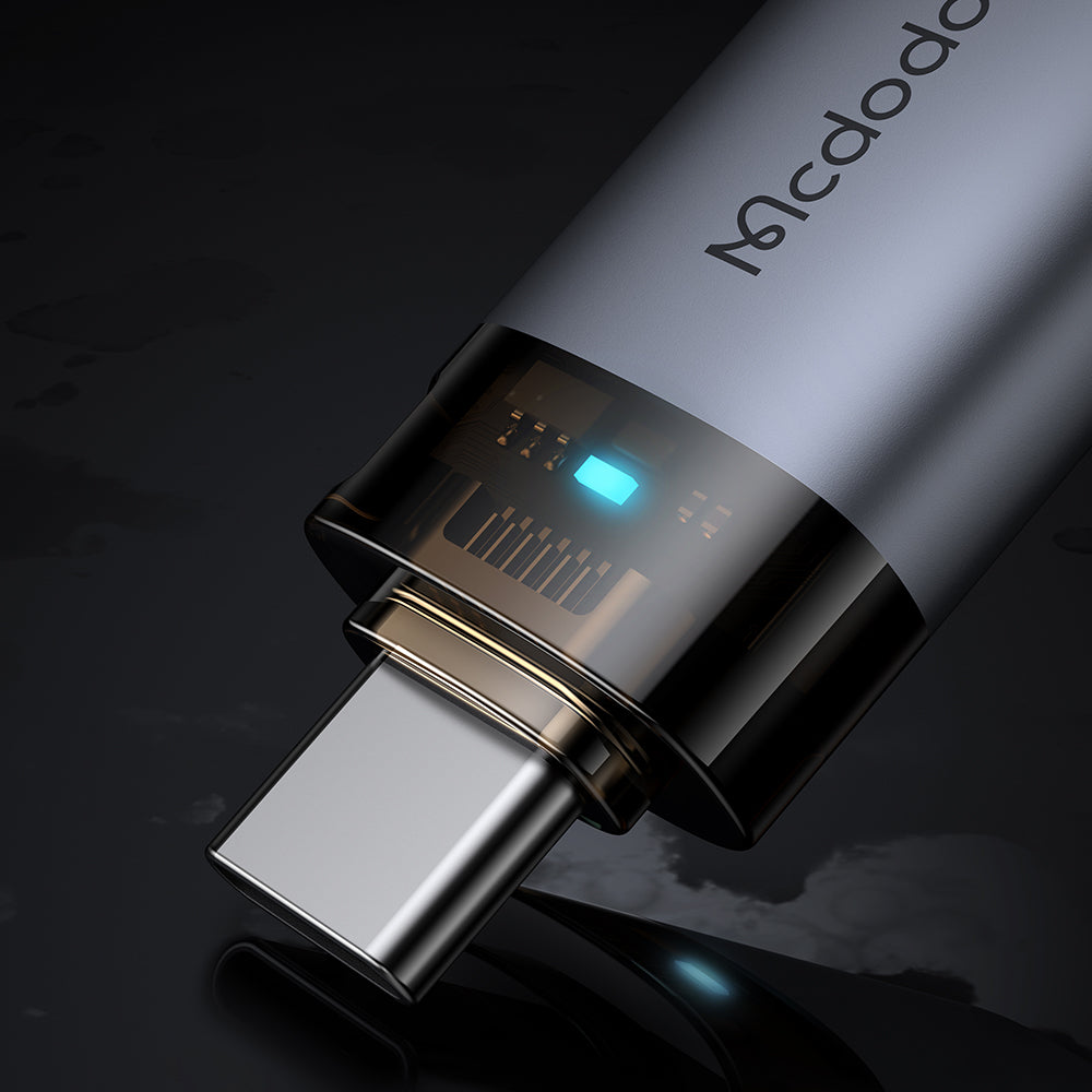 Mcdodo - OTG Adapter (OT-7400) - USB3.0 to Type-C, Aluminium Alloy, Charging & Data Sync, 5Gbps, Blue Light, Lanyard - Black