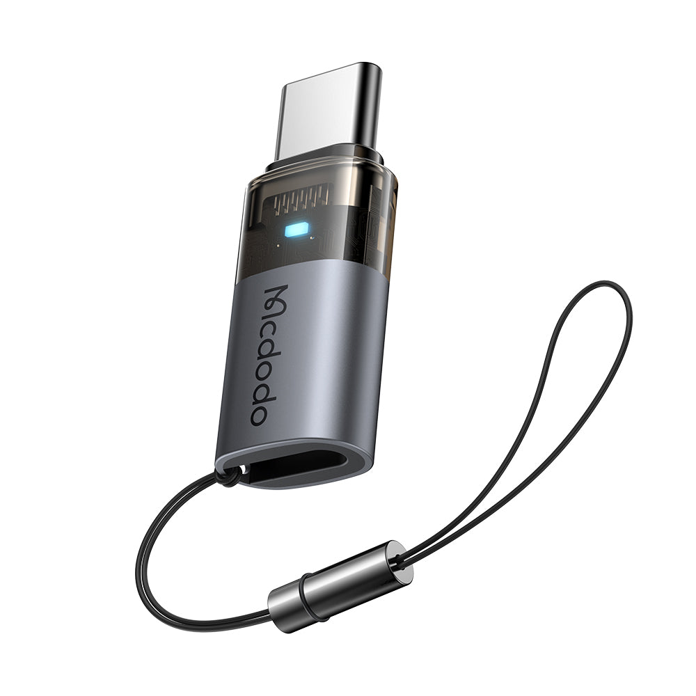 Mcdodo - OTG Adapter (OT-7610) - Lightning to Type-C, Aluminium Alloy, Charging & Data Sync, 60W, Blue Light, Lanyard - Black