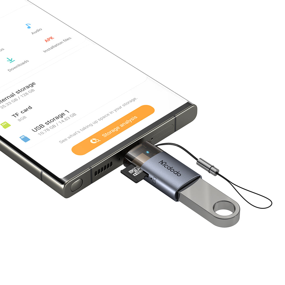 Mcdodo - OTG Adapter 2in1 (OT-7600) - USB to USB-C, Built-in Card Reader, Charging & Data, 5Gbps, Blue Light, Lanyard - Black