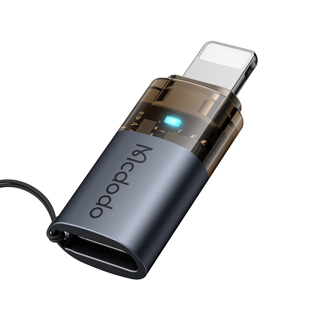 Mcdodo - OTG Adapter (OT-7630) - USB-C to Lightning, Aluminium Alloy, Charging & Data Sync, 36W, Blue Light, Lanyard - Black