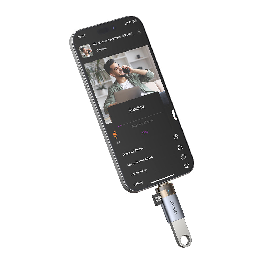 Mcdodo - OTG Adapter (OT-7850) - USB to Lightning, with TF Card Reader, Fast Data Transfer, 480Mbps, LED, Lanyard - Black