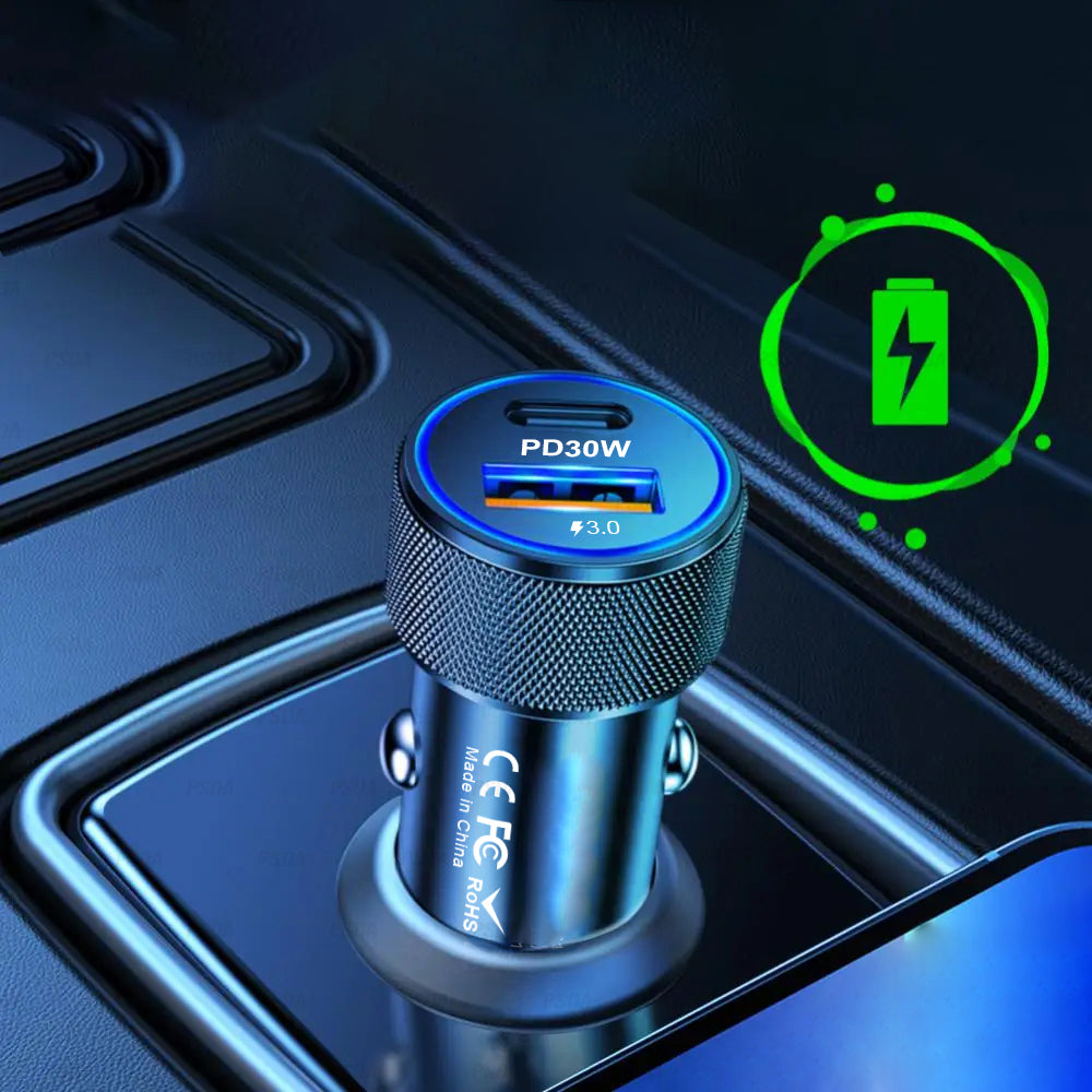 Techsuit - Premium Car Charger VoltDuo (C2) - with LED Light, USB QC 3.0, Type-C PD30W, 5V/3A, ABS, Metal - Black