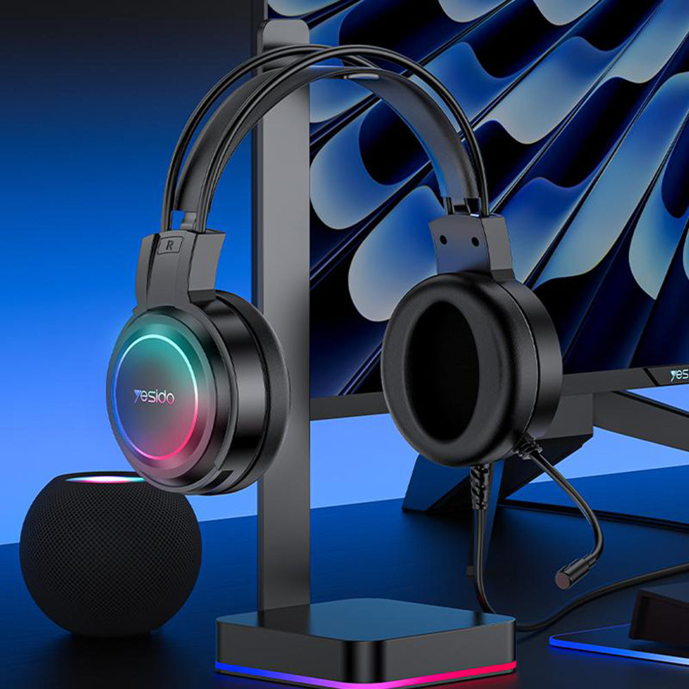 Yesido - Wired Headphones (EK05) - for Gaming, USB, with Microphone, RGB LED Lights - Black