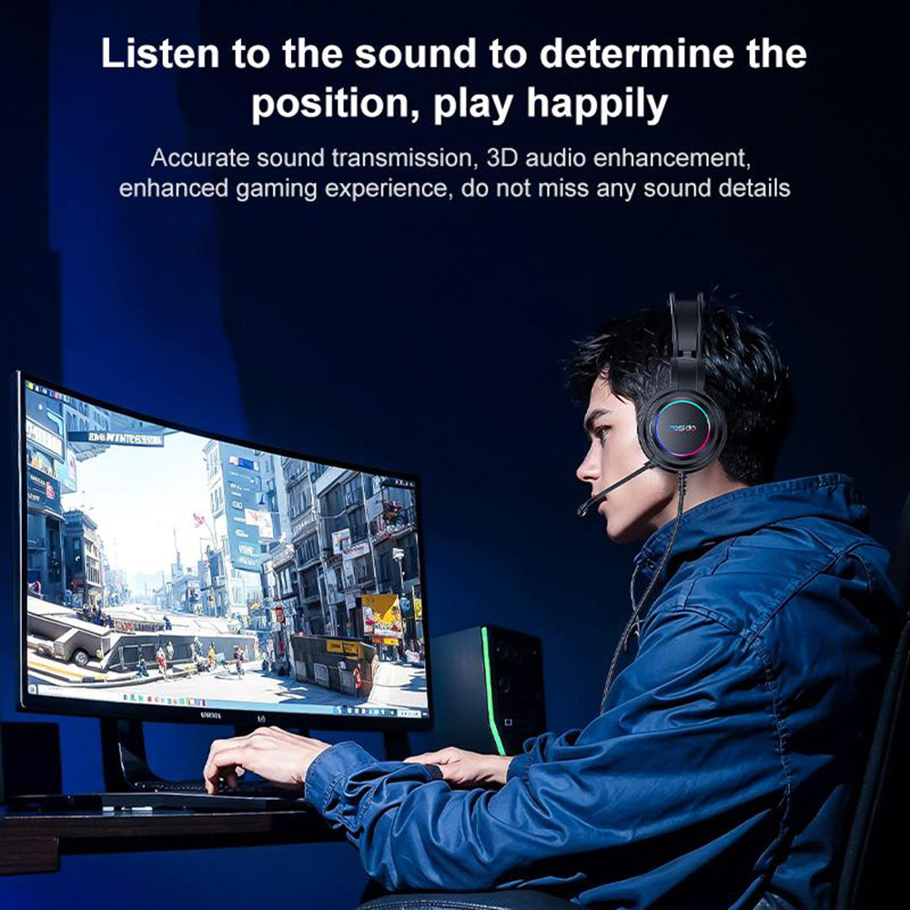 Yesido - Wired Headphones (EK05) - for Gaming, USB, with Microphone, RGB LED Lights - Black