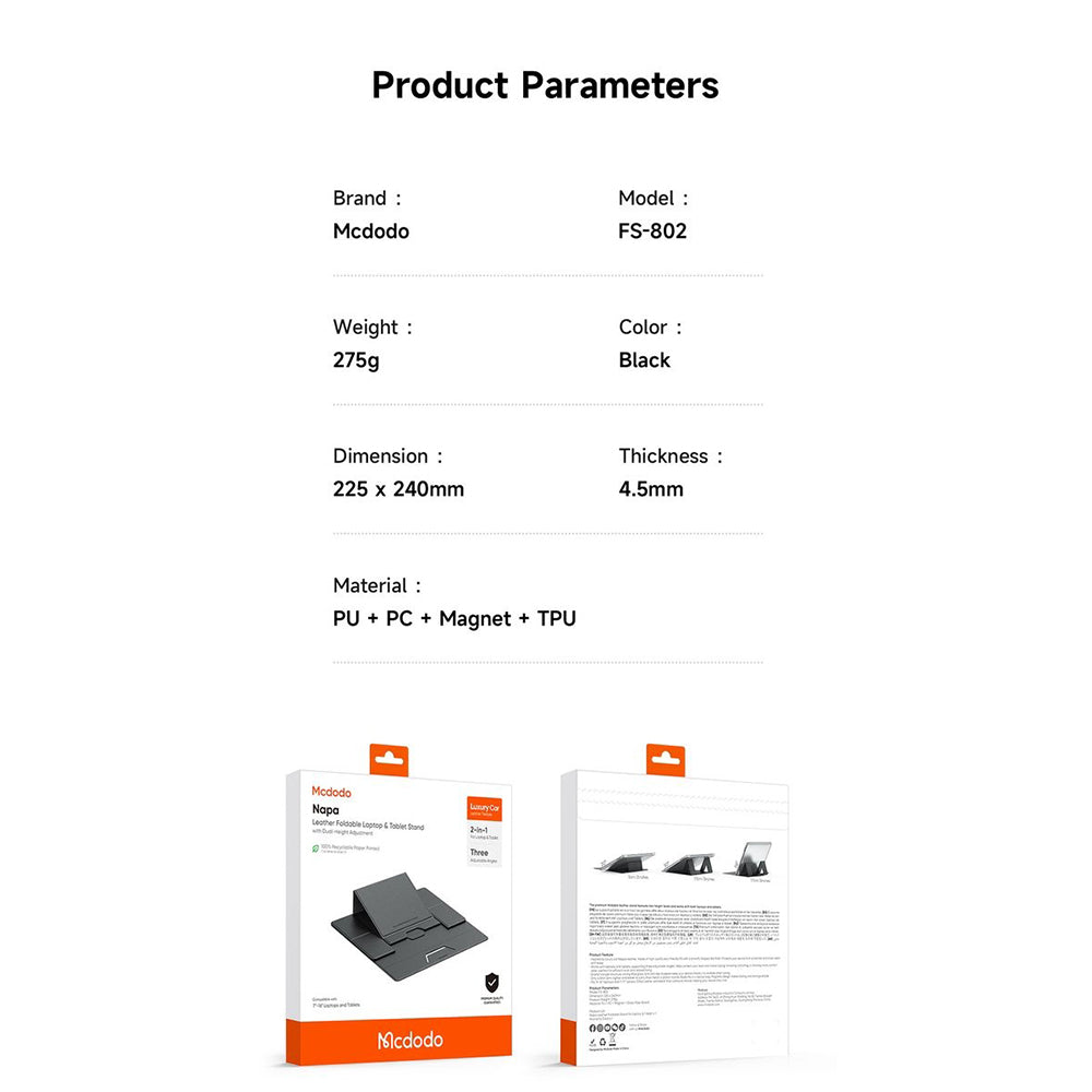 Mcdodo - Magnetic Foldable Stand Napa Series (FS-8020) - for Laptop/Tablet, 3 Adjustable Angles, 11-16"/7-11" - Black