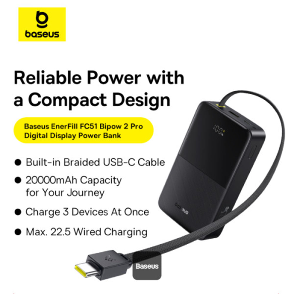 Baseus - Power Bank EnerFill Bipow2 Pro (E0027701) - with Built-in USB-C Cable, 20000mAh, 22.5W, Digital Display - Cosmic Black