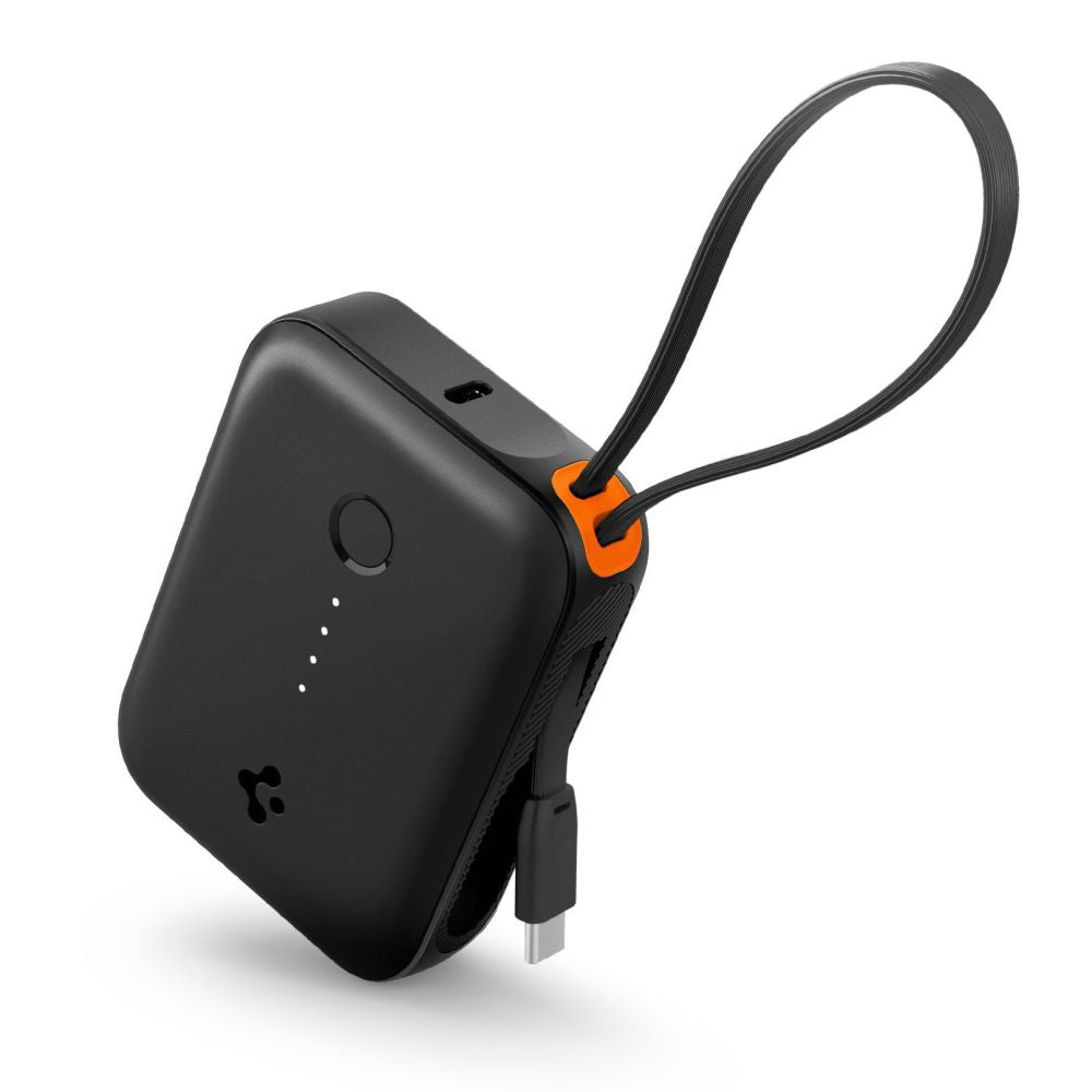 Spigen - Power Bank Essential (EA3010BT) - Fast Charge, Mini Size, USB, Type-C, 10000mAh, 30W, Built-in USB-C Cable - Black