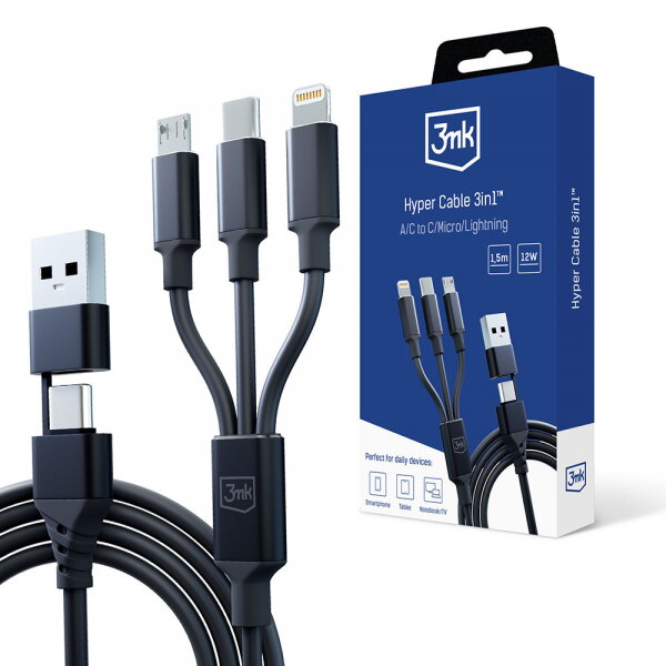 3mk - 3in1 Data Cable Hyper - USB-A/Type-C to Micro-USB/Type-C/Lightning, 12W, 1.5m - Black
